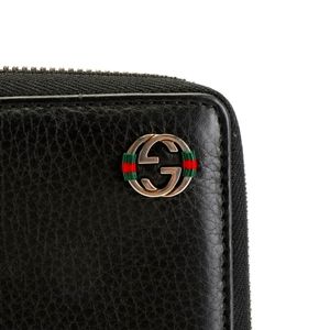 Authentic Gucci Interlocking GG w/Stripe Black Leather Zip Around Wallet